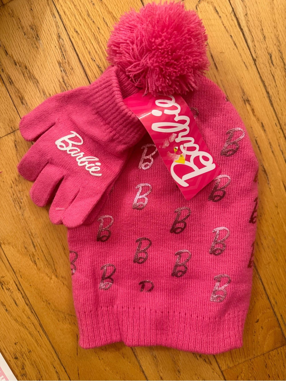 Barbie Kids Pink Pom Beanie Hat & Gloves Set-NWT!